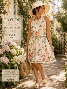Taylor Floral Halter Dress | Cottagecore Garden Party Belted Sundress | Size 14